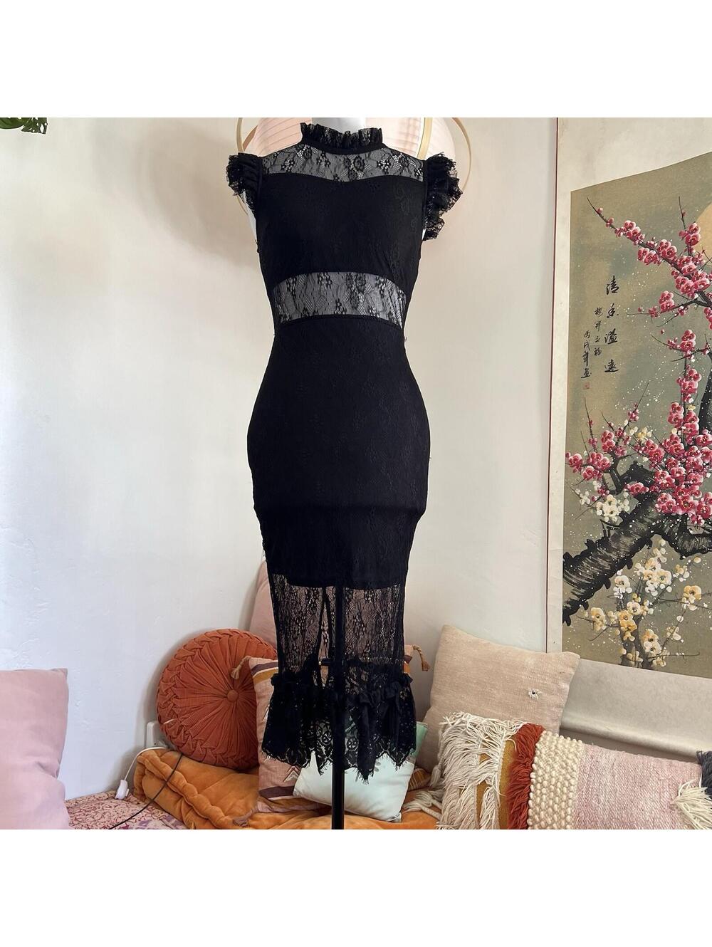Endless Rose Black Lace Midi Dress Small Sheer Panel Mock Neck Ruffle Sleeve